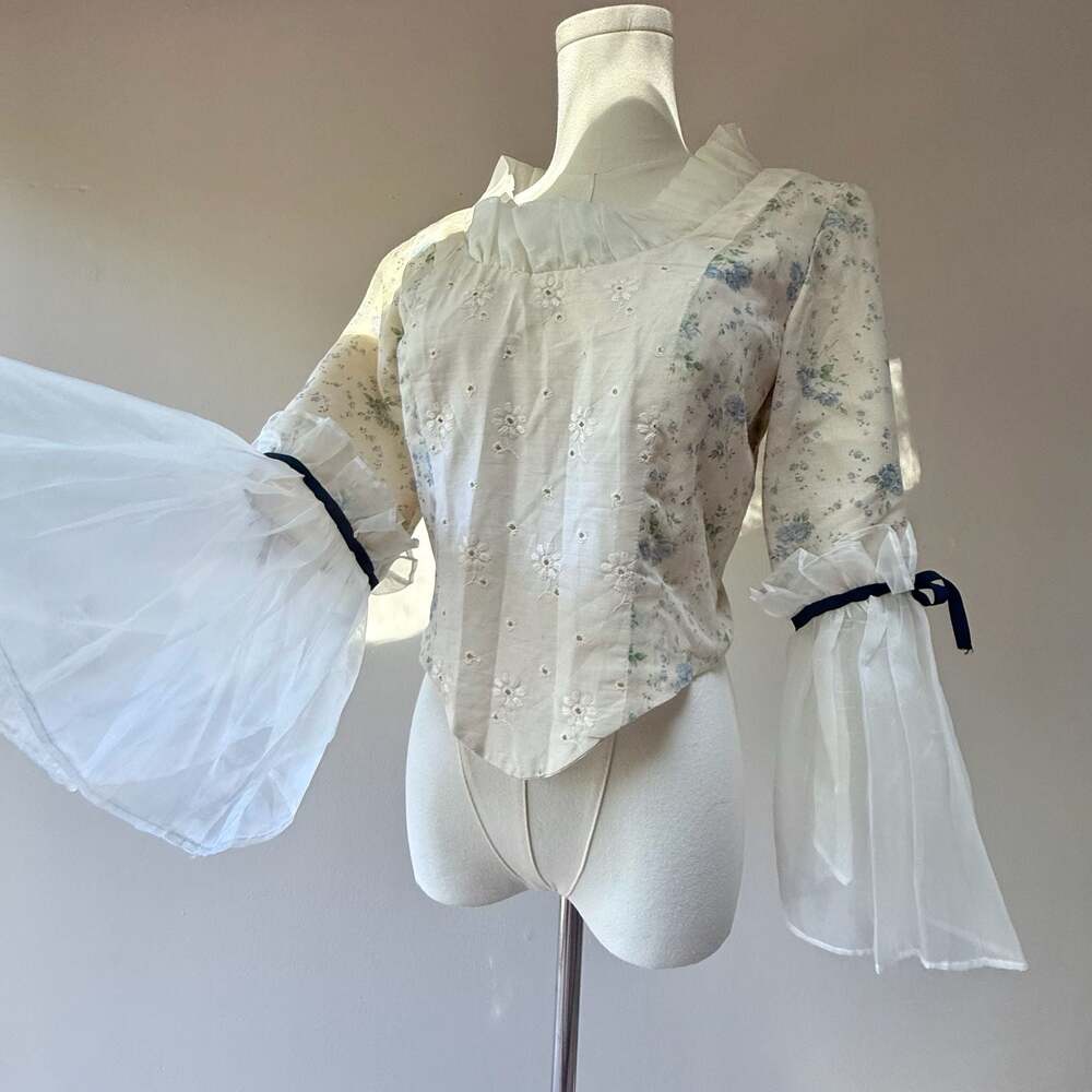 Vintage Handmade Lolita Floral Corset Top Bell Sleeve